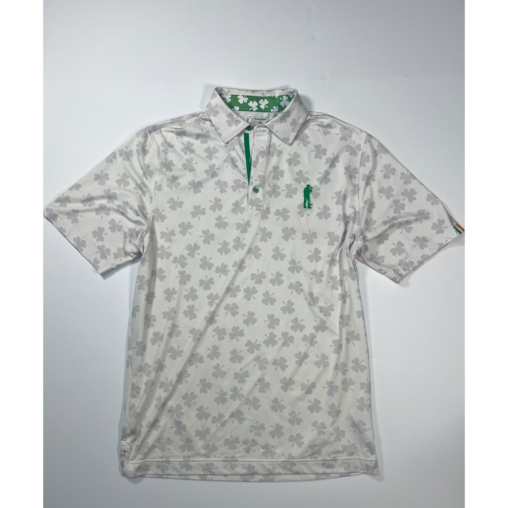 U Suck at Golf Polo Mens Medium White Grey Shamrock Clover Irish Flag Stretch